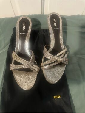 Fendi Metallic Silver Glitter Crisscross Slide Heels